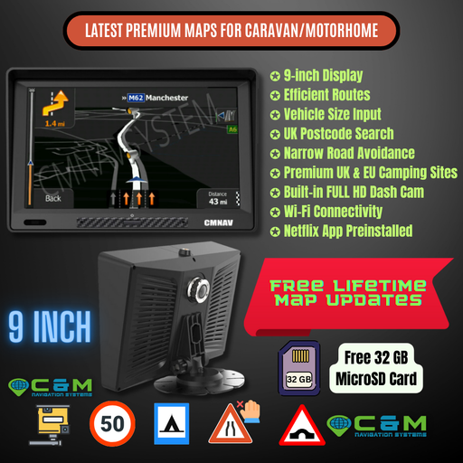 9" CMNAV 360 Camper Plus (Built-in Dashcam, Android, Wi-Fi, Netflix-NO Live Traffic) - C & M Navigation Systems