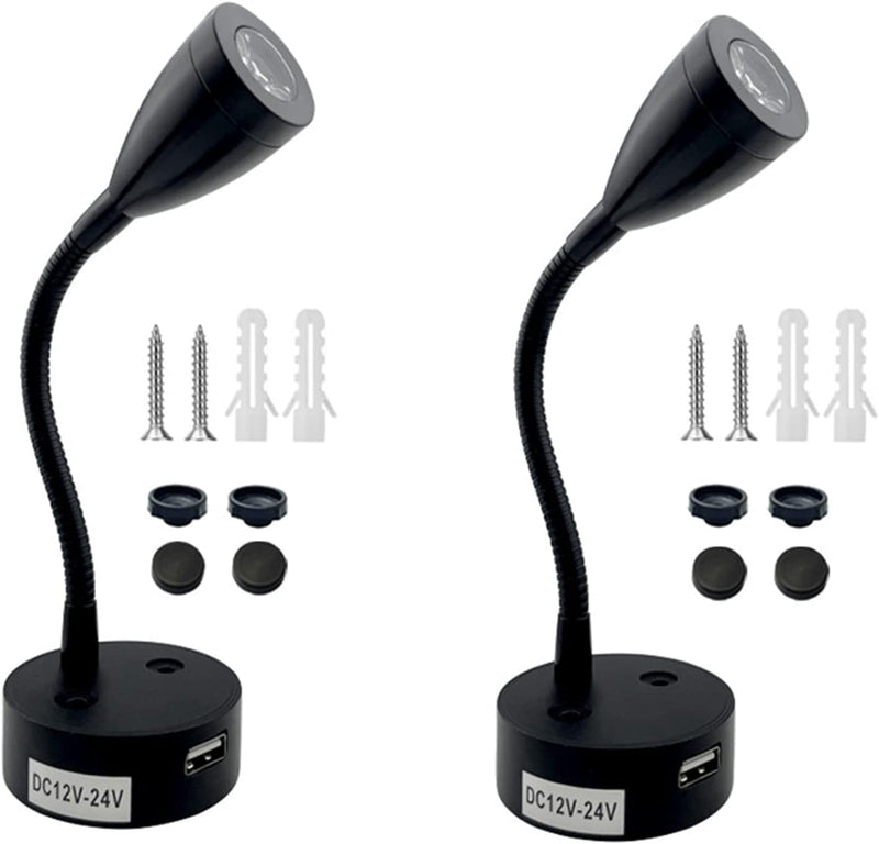 LED Reading Light, DC 12V Reading Lamp with USB, Bedside RV Spot Lamp, 2Pcs Touch Dimmable Switch Flexible Gooseneck Wall Lamp for Boat, Motorhome, Camper Caravan Van Interior Lighting (Silver) - C & M Navigation Systems