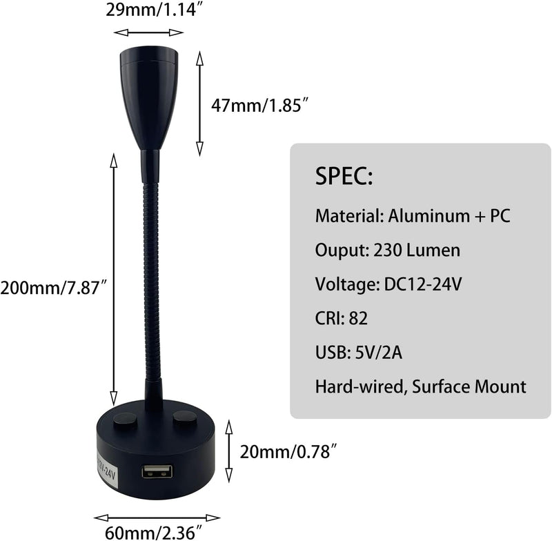 LED Reading Light, DC 12V Reading Lamp with USB, Bedside RV Spot Lamp, 2Pcs Touch Dimmable Switch Flexible Gooseneck Wall Lamp for Boat, Motorhome, Camper Caravan Van Interior Lighting (Silver) - C & M Navigation Systems