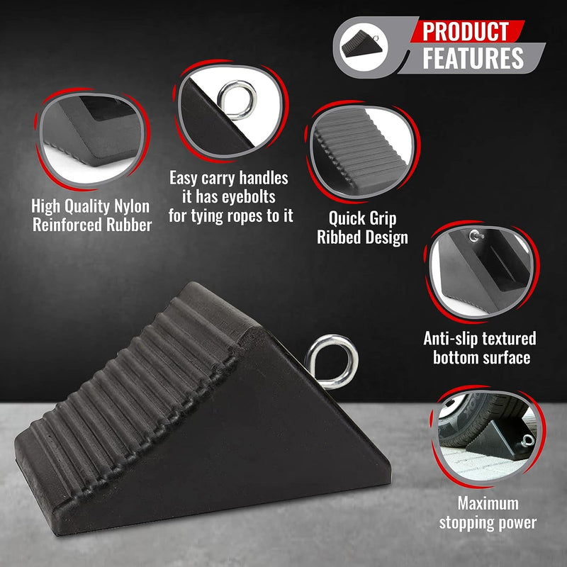 AFA Tooling - Set of 4 Heavy Duty Rubber Wheel Chocks w/Ez-Carry Handles | RV Chock Block for Front and Back Tires | Quick Grip Ribbed Design | Great for Your Camper, Trailer, RV, Truck, Car or ATV - C & M Navigation Systems