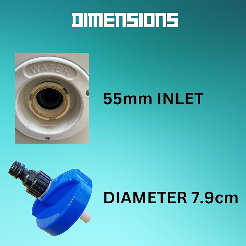 Rheinland Motorhome Water Filler Cap with Hose Connector - Campervan & Caravan Accessories UK - Built in Overpressure Valve For The Cold Water System - 55mm Inlet with Water Cap Diameter: 7.9cm - C & M Navigation Systems