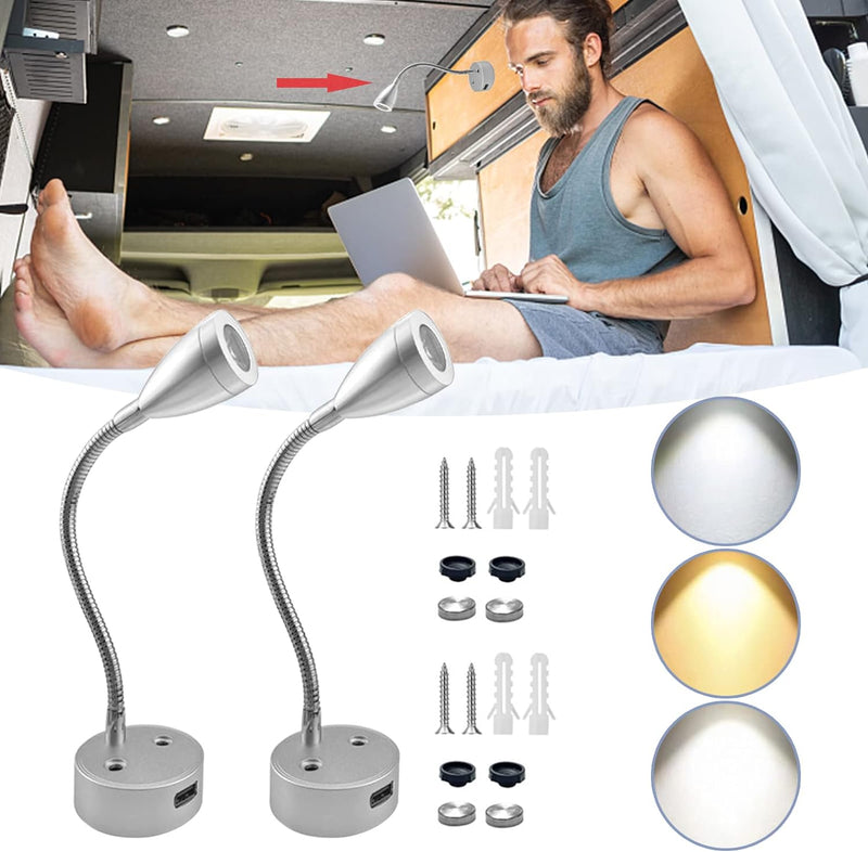 LED Reading Light, DC 12V Reading Lamp with USB, Bedside RV Spot Lamp, 2Pcs Touch Dimmable Switch Flexible Gooseneck Wall Lamp for Boat, Motorhome, Camper Caravan Van Interior Lighting (Silver) - C & M Navigation Systems