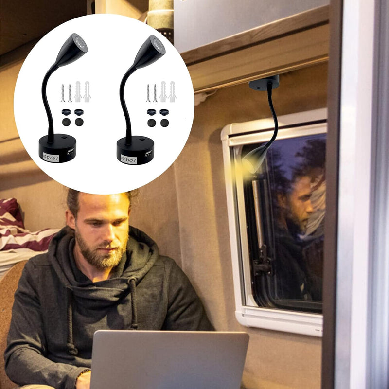 LED Reading Light, DC 12V Reading Lamp with USB, Bedside RV Spot Lamp, 2Pcs Touch Dimmable Switch Flexible Gooseneck Wall Lamp for Boat, Motorhome, Camper Caravan Van Interior Lighting (Silver) - C & M Navigation Systems