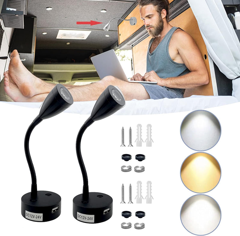LED Reading Light, DC 12V Reading Lamp with USB, Bedside RV Spot Lamp, 2Pcs Touch Dimmable Switch Flexible Gooseneck Wall Lamp for Boat, Motorhome, Camper Caravan Van Interior Lighting (Silver) - C & M Navigation Systems