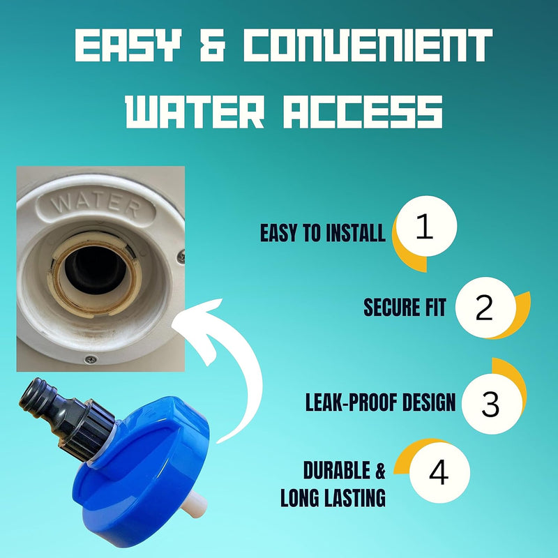 Rheinland Motorhome Water Filler Cap with Hose Connector - Campervan & Caravan Accessories UK - Built in Overpressure Valve For The Cold Water System - 55mm Inlet with Water Cap Diameter: 7.9cm - C & M Navigation Systems