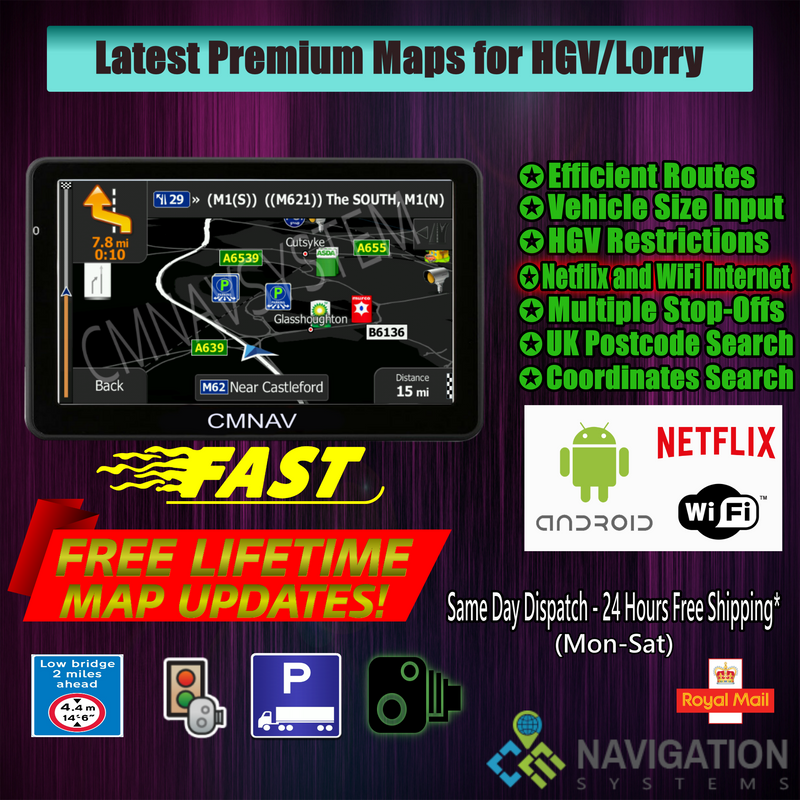 7" CMNAV TURBO Truck Android WiFi Netflix (512mb RAM) - 2020 EU+UK Maps and Premium POIs - C & M Navigation Systems