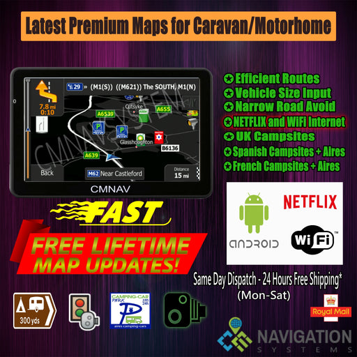 7" CMNAV TURBO Camper Android WiFi Netflix (512mb RAM) - 2020 EU+UK Maps and Premium POIs - C & M Navigation Systems