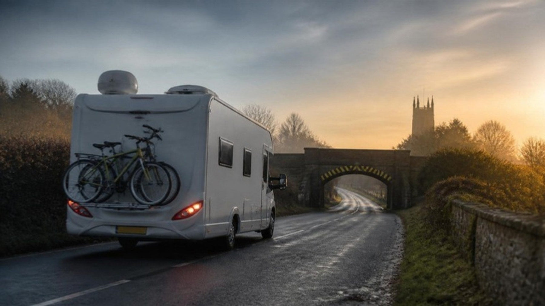 Coachbuilt motorhome with a satellite dome, air conditioning unit and bikes on the rack approaching a low railway bridge at dawn