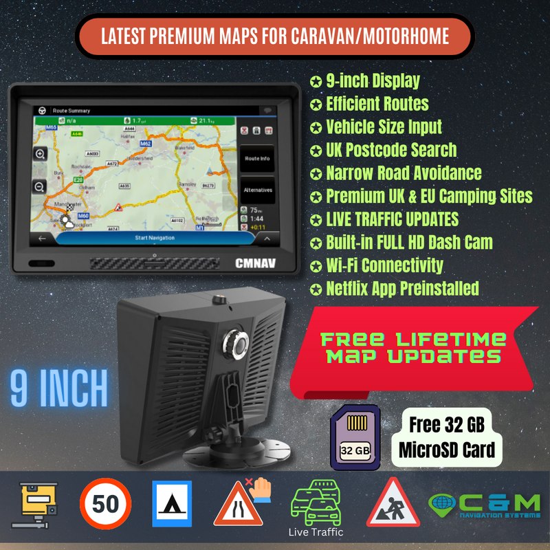 9" CMNAV 360 Traffic Camper Plus with built-in Dash Cam and Live Traffic - C & M Navigation Systems 