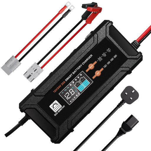 ECO-WORTHY 12V/24V 20A Smart Battery Charger for LiFePO4 Lithium, AGM & Lead-Acid Batteries with LCD Display - C & M Navigation Systems 