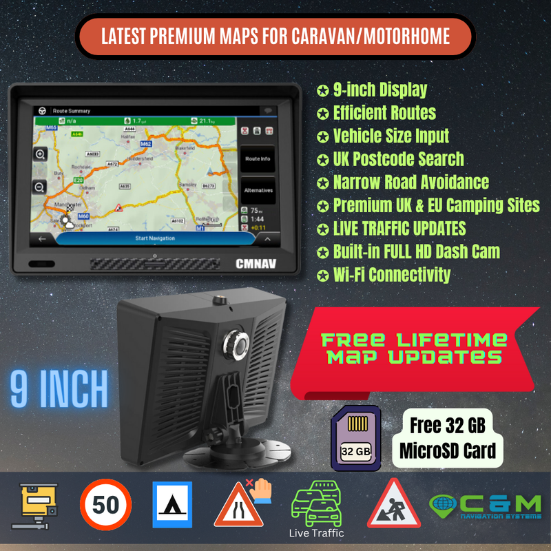 9" CMNAV 360 Traffic Camper Plus with built-in Dash Cam and Live Traffic