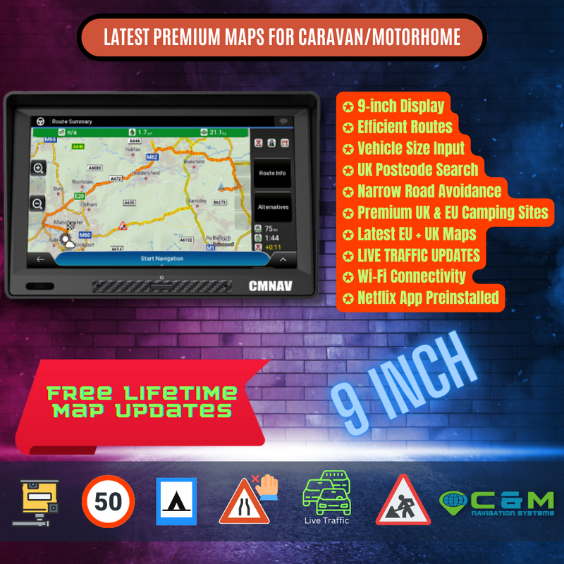 9" CMNAV Traffic Camper Plus (Android, Wi-Fi, Live Traffic) - C & M Navigation Systems 