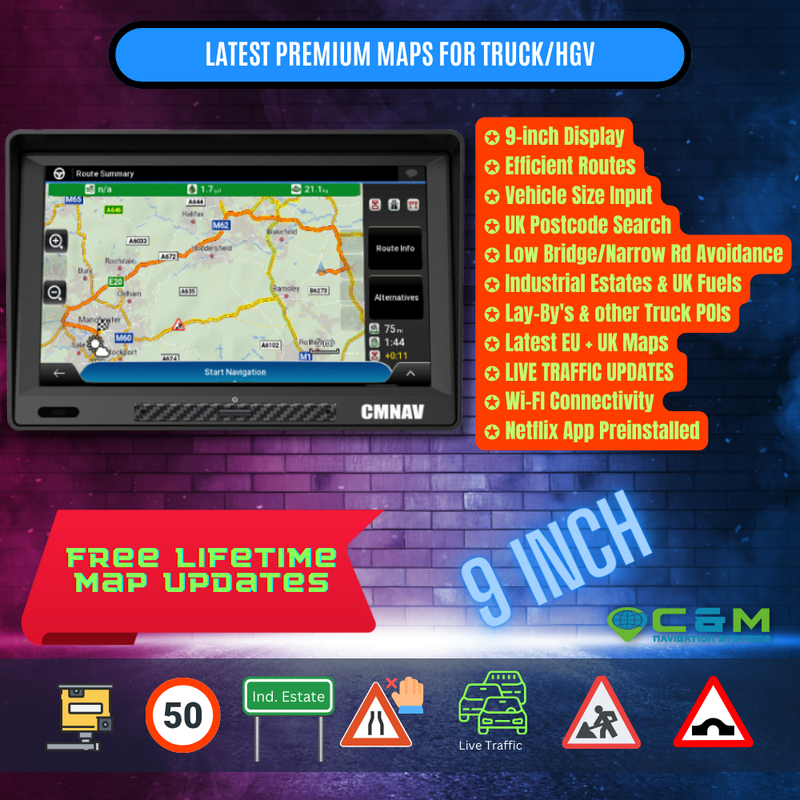 9" CMNAV Traffic Truck Plus (LIVE TRAFFIC, ANDROID, Wi-Fi) - C & M Navigation Systems 