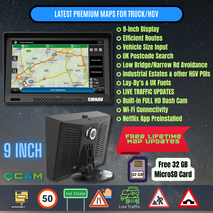 9" CMNAV 360 Traffic Truck Plus - LIVE TRAFFIC, Built-in FullHD Dashcam, Android, Wi-Fi