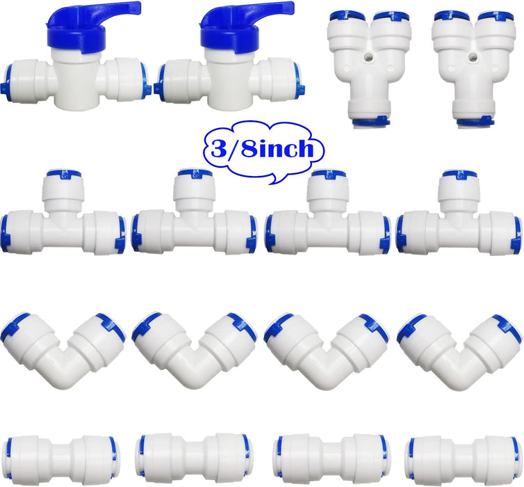 CESFONJER 16 PCS RO Water Filter Fitting, 3/8'' Push fit Connectors for Water Pipe, Push in to Connect Water Tube Fitting Set (Y+T+I+L Type Combo + Shut-Off Valve) - C & M Navigation Systems 