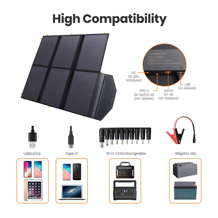 60W 19.8V Foldable Solar Panel Kit,Monocrystalline Solar Cell Solar Charger with USB Outputs and 4-in-1 Connector for Smartphones, Tablets, Laptops, and Power Stations - C & M Navigation Systems 