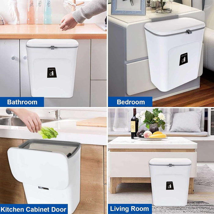 Hanging Trash Can with Sliding Cover, 9L Built-in Bin Waste Bin with Lid, Plastic Cupboard Bins for Cupboard, Kitchen, Motorhome,Bathroom, Toilet, Bedroom, Living Room, Office – White