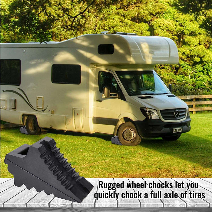 AFA Tooling - Set of 4 Heavy Duty Rubber Wheel Chocks w/Ez-Carry Handles | RV Chock Block for Front and Back Tires | Quick Grip Ribbed Design | Great for Your Camper, Trailer, RV, Truck, Car or ATV