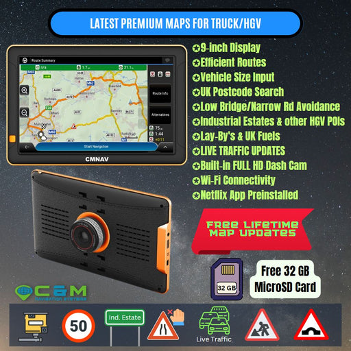 9" CMNAV Traffic 360 Truck Plus - LIVE TRAFFIC, Built-in FullHD Dashcam, Android, Wi-Fi - C & M Navigation Systems 