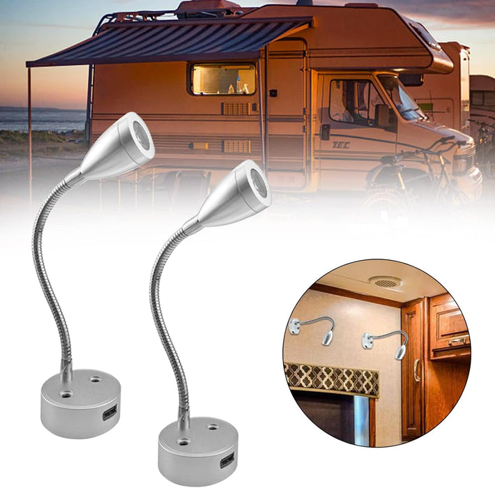 LED Reading Light, DC 12V Reading Lamp with USB, Bedside RV Spot Lamp, 2Pcs Touch Dimmable Switch Flexible Gooseneck Wall Lamp for Boat, Motorhome, Camper Caravan Van Interior Lighting (Silver) - C & M Navigation Systems 