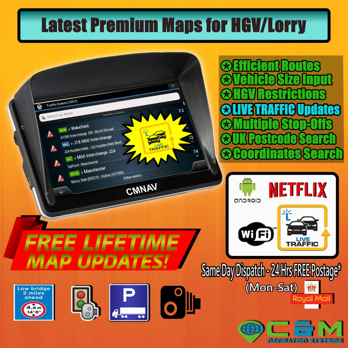 7" CMNAV TRAFFIC Truck with LIVE TRAFFIC (512mb RAM) - 2020 EU+UK Maps and Premium POI, Android WiFi, Netflix - C & M Navigation Systems 