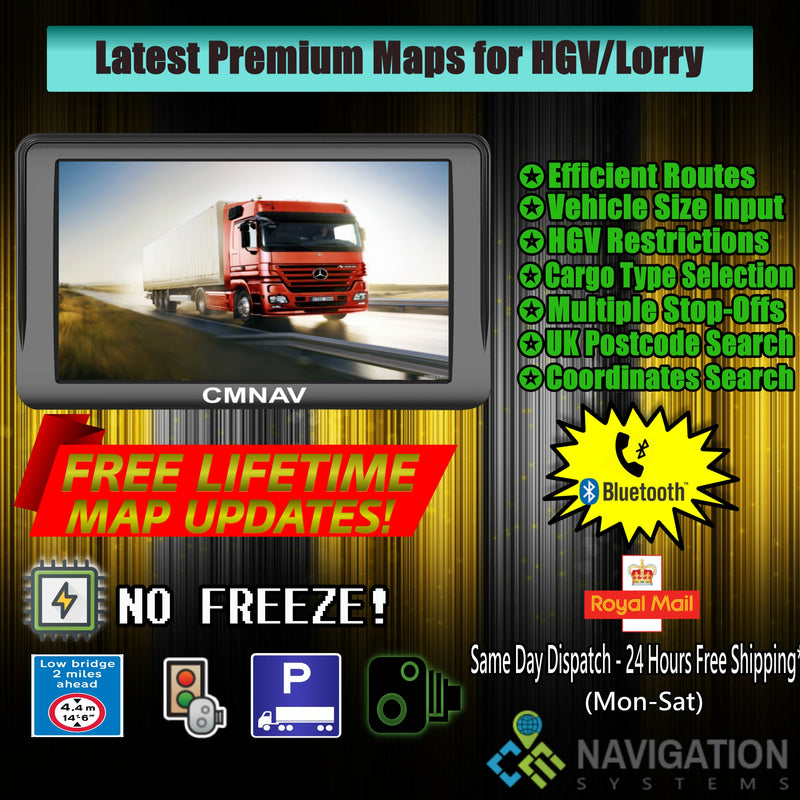 7" CMNAV PRO Truck (256 RAM + Bluetooth) - 2020 EU + UK Maps and Premium POIs - C & M Navigation Systems 