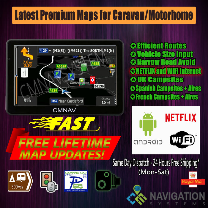 7" CMNAV TURBO Camper Android WiFi Netflix (512mb RAM) - 2020 EU+UK Maps and Premium POIs - C & M Navigation Systems 